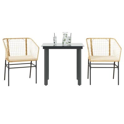Juego de comedor jardín 3 piezas cojines ratán sintético marrón