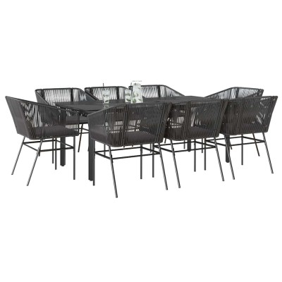 Set de comedor jardín 9 piezas cojines ratán polivinílico negro