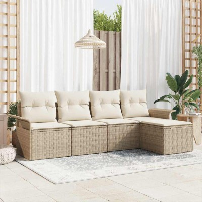 Conjunto de sofá de jardín con cojín 5 pcs Beige Poliratán