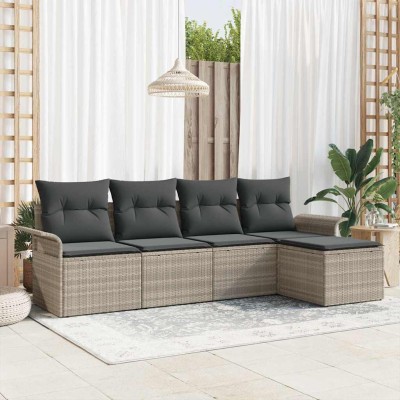 Conjunto de sofá de jardín con cojín 5 pcs Gris claro Poliratán