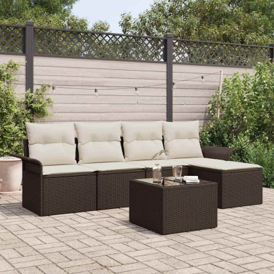 Conjunto de sofá de jardín con cojín 6 pcs Marrón Poliratán
