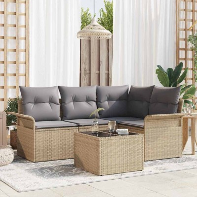 Conjunto de sofá de jardín con cojín 5 pcs Beige Poliratán