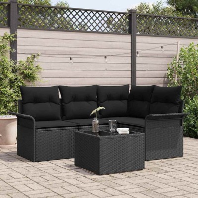 Conjunto de sofá de jardín con cojín 5 pcs Negro Poliratán