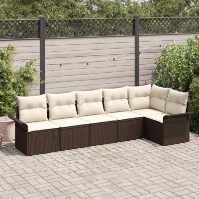 Conjunto de sofá de jardín con cojín 6 pcs Marrón Poliratán