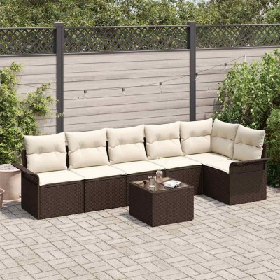 Conjunto de sofá de jardín con cojín 7 pcs Marrón Poliratán