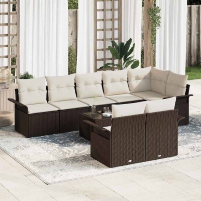 Conjunto de sofá de jardín con cojín 9 pcs Marrón Poliratán