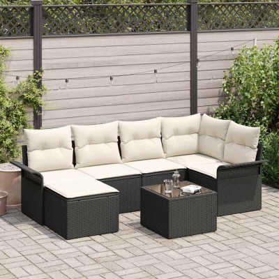 Conjunto de sofá de jardín con cojín 7 pcs Negro Poliratán