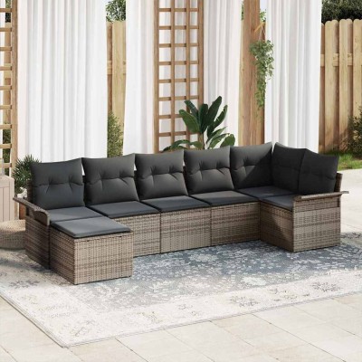 Conjunto de sofá de jardín con cojín 7 pcs Gris Poliratán