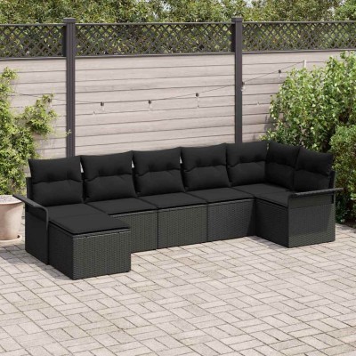 Conjunto de sofá de jardín con cojín 7 pcs Negro Poliratán