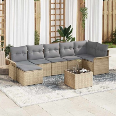 Conjunto de sofá de jardín con cojín 8 pcs Beige Poliratán