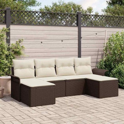 Conjunto de sofá de jardín con cojín 6 pcs Marrón Poliratán