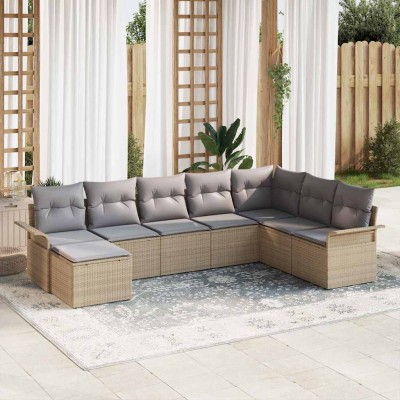 Conjunto de sofá de jardín con cojín 8 pcs Beige Poliratán