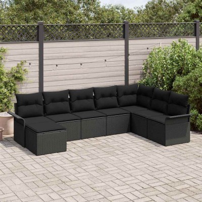 Conjunto de sofá de jardín con cojín 8 pcs Negro Poliratán