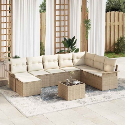 Conjunto de sofá de jardín con cojín 9 pcs Beige Poliratán