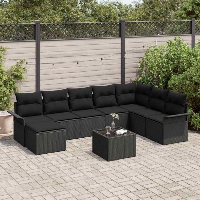 Conjunto de sofá de jardín con cojín 9 pcs Negro Poliratán