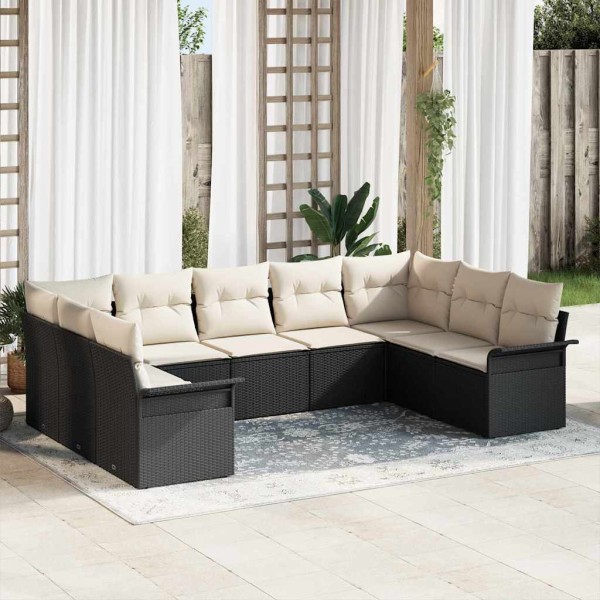 Conjunto de sofá de jardín con cojín 9 pcs Negro Poliratán