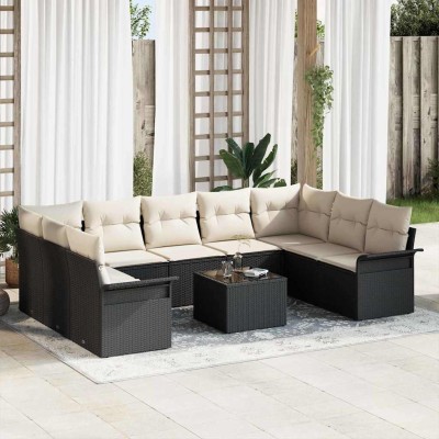Conjunto de sofá de jardín con cojín 10 pcs Negro Poliratán