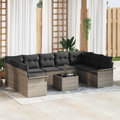 Conjunto de sofá de jardín con cojín 10 pcs Gris Poliratán