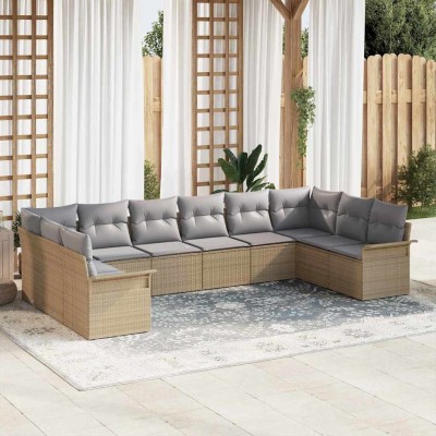 Conjunto de sofá de jardín con cojín 10 pcs Beige Poliratán
