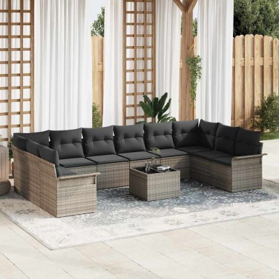 Conjunto de sofá de jardín con cojín 11 pcs Gris Poliratán
