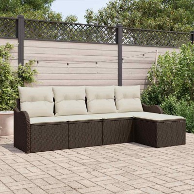 Conjunto de sofá de jardín con cojín 5 pcs Marrón Poliratán