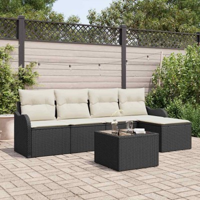 Conjunto de sofá de jardín con cojín 6 pcs Negro Poliratán