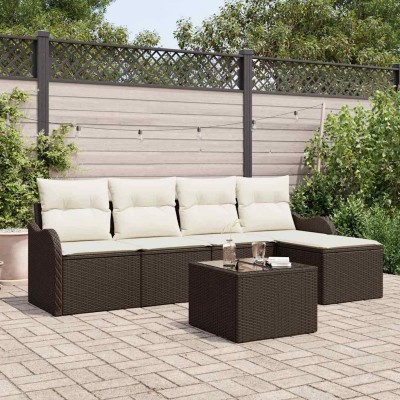 Conjunto de sofá de jardín con cojín 6 pcs Marrón Poliratán