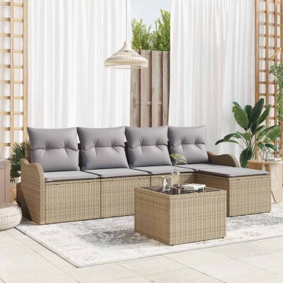 Conjunto de sofá de jardín con cojín 6 pcs Beige Poliratán
