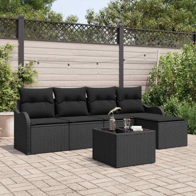 Conjunto de sofá de jardín con cojín 6 pcs Negro Poliratán