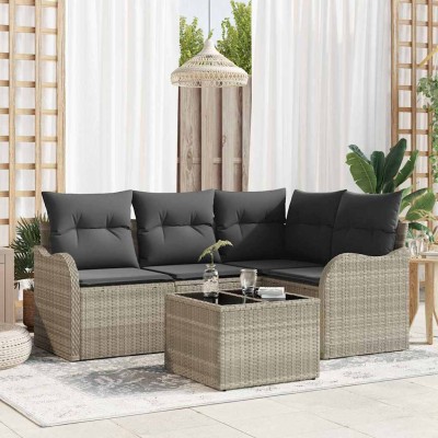 Conjunto de sofá de jardín con cojín 5 pcs Gris claro Poliratán