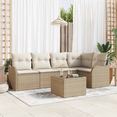 Conjunto de sofá de jardín con cojín 6 pcs Beige Poliratán
