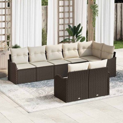 Conjunto de sofá de jardín con cojín 8 pcs Marrón Poliratán