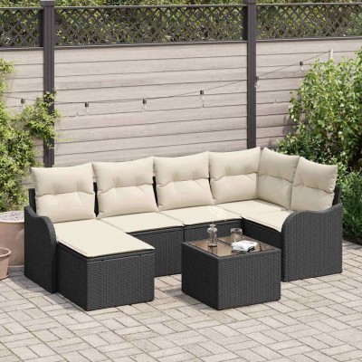 Conjunto de sofá de jardín con cojín 7 pcs Negro Poliratán