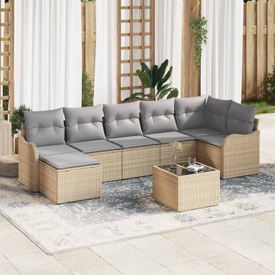 Conjunto de sofá de jardín con cojín 8 pcs Beige Poliratán