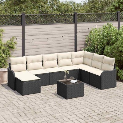 Conjunto de sofá de jardín con cojín 9 pcs Negro Poliratán