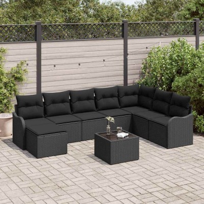 Conjunto de sofá de jardín con cojín 9 pcs Negro Poliratán