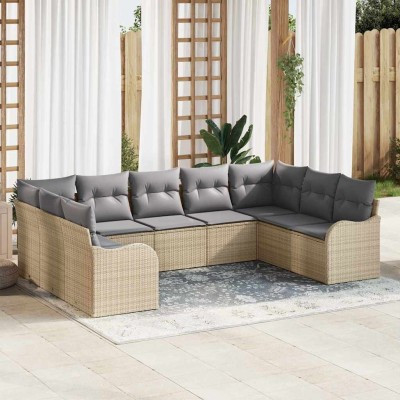 Conjunto de sofá de jardín con cojín 9 pcs Beige Poliratán