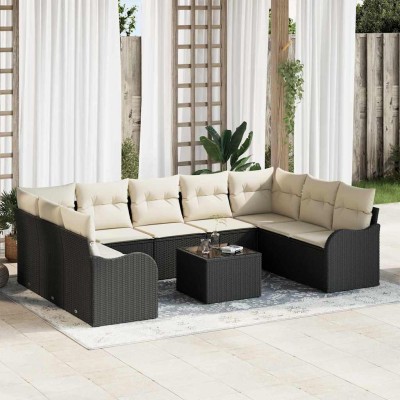 Conjunto de sofá de jardín con cojín 10 pcs Negro Poliratán