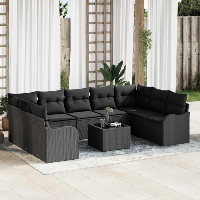 Conjunto de sofá de jardín con cojín 10 pcs Negro Poliratán
