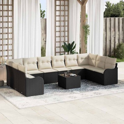 Conjunto de sofá de jardín con cojín 11 pcs Negro Poliratán