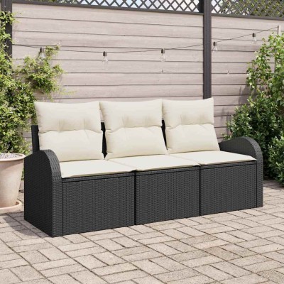 Conjunto de sofá de jardín con cojín 3 pcs Negro Poliratán