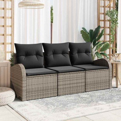 Conjunto de sofá de jardín con cojín 3 pcs Gris Poliratán