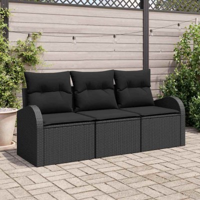 Conjunto de sofá de jardín con cojín 3 pcs Negro Poliratán