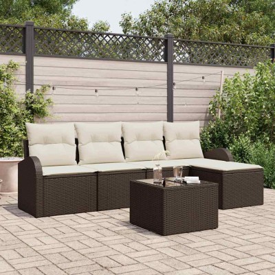 Conjunto de sofá de jardín con cojín 6 pcs Marrón Poliratán