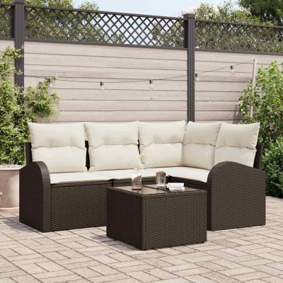 Conjunto de sofá de jardín con cojín 5 pcs Marrón Poliratán