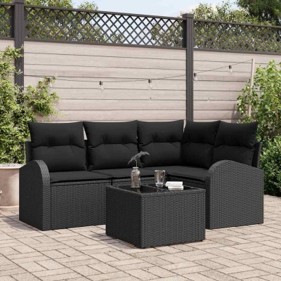 Conjunto de sofá de jardín con cojín 5 pcs Negro Poliratán