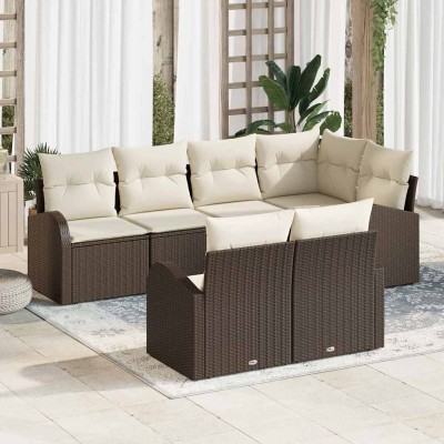 Conjunto de sofá de jardín con cojín 7 pcs Marrón Poliratán