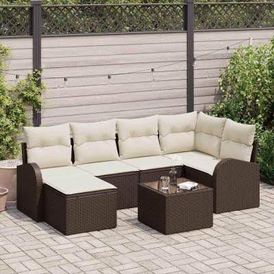 Conjunto de sofá de jardín con cojín 7 pcs Marrón Poliratán