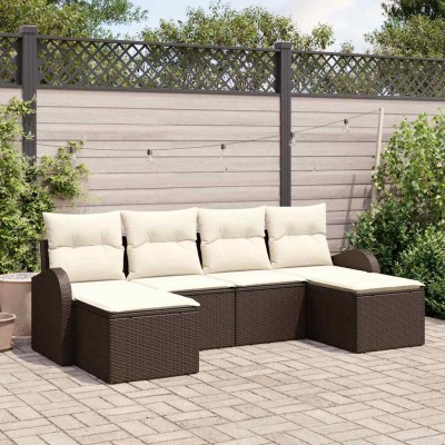 Conjunto de sofá de jardín con cojín 6 pcs Marrón Poliratán