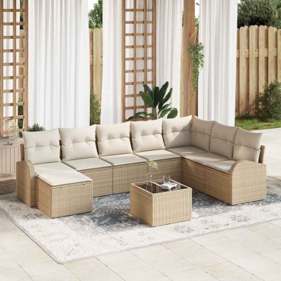 Conjunto de sofá de jardín con cojín 9 pcs Beige Poliratán